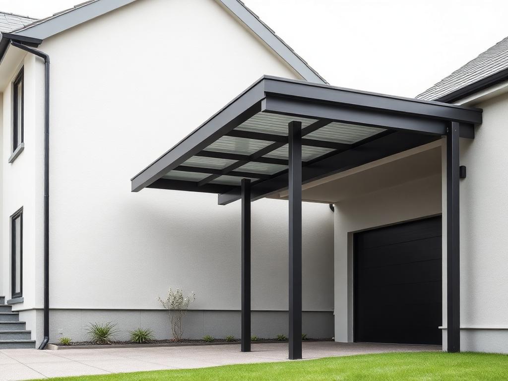 Carport mit dunklen Stahlstützen an einem hell verputzten Haus