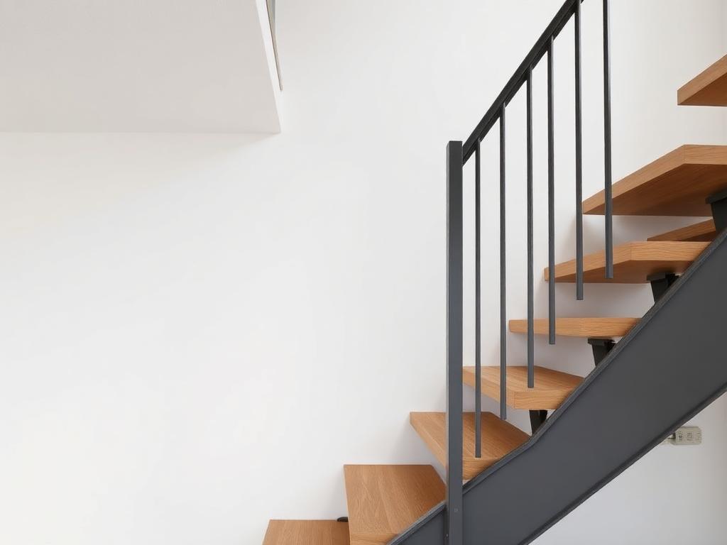 Stahltreppe mit schlankem Geländer und Holzstufen vor heller Wand
