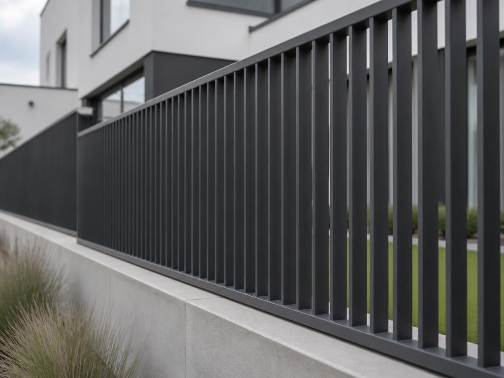 Zaun aus dunklen Metallstäben auf einem Betonsockel vor einem modernen Wohnhaus